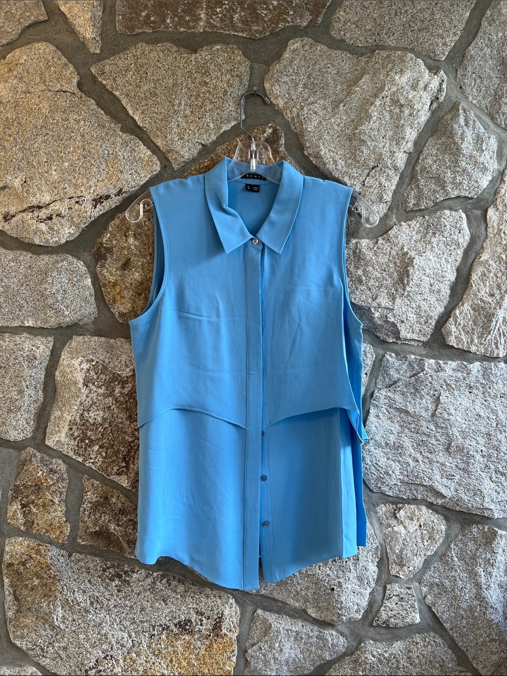 Theory Sleeveless Layered Button-Front Blouse in Sky Blue